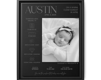 Customized Baby Birth Stats with Photo, Custom Black Birth Stats, Custom Newborn Gift, Baby Nursery Gift, Baby Wall Art, Baby Stat Sign