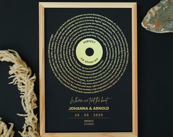 Personalized A4 Metallic Foil Song Lyrics Art, Custom Gold, Silver, Copper, Rose Gold Lyrics Foil Print, Wedding Song Print, Record Print