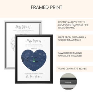 May include: Framed print with a white background and black frame. The print features a heart-shaped design with a map pattern and the text "Happy Retirement." The frame depth is 1.75 inches.