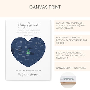 May include: A canvas print with a heart-shaped map in navy blue, featuring the text "Happy Retirement" and "The Brooklyn Hospital Center." The canvas is 1.25 inches deep and includes a pine wood frame.
