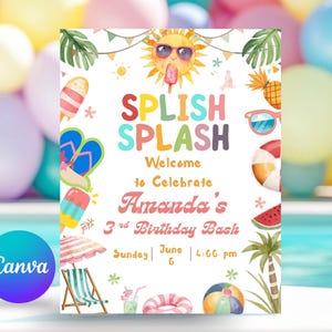 May include: A colorful invitation with the words "SPLISH SPLASH" in large letters, featuring summer-themed illustrations like a sun with sunglasses, ice cream, and beach accessories. The invitation is for Amanda's 3rd Birthday Bash.