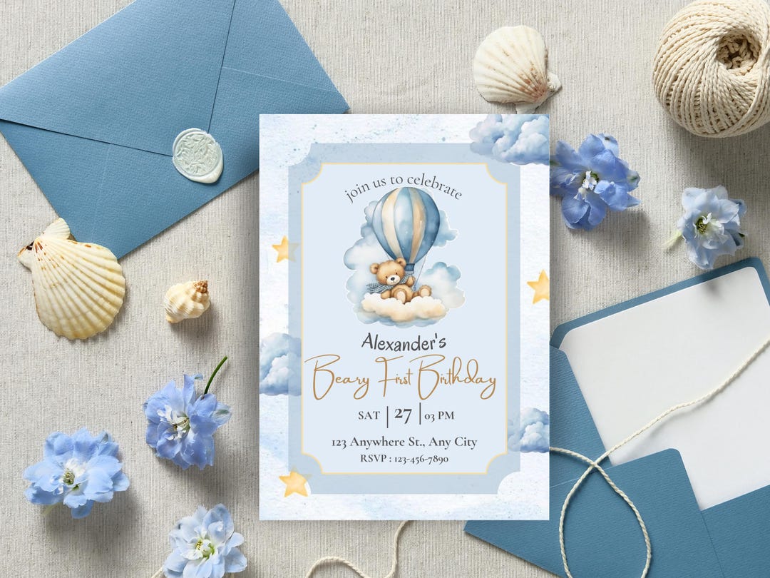Editable Blue Teddy Bear First Birthday Invitation (digital Download ...