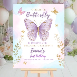 Op de afbeelding: Een pastelkleurig verjaardagsbord met een grote paarse vlinderillustratie. Het bord leest "Our Little Butterfly" en "Emma's first birthday" met de datum en tijd. Het bord staat op een ezel.