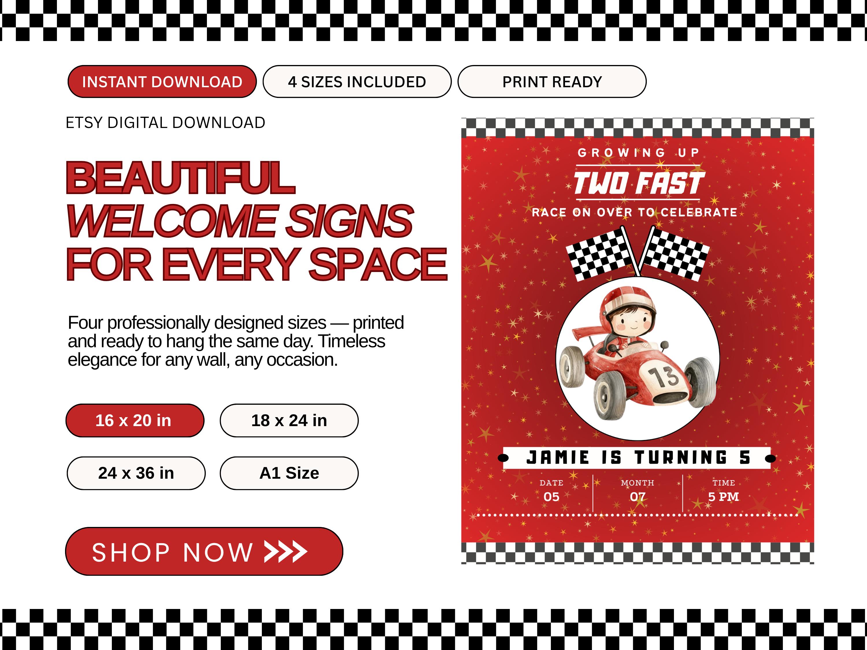 Welcome Racing Check Two Fast Race Car Birthday Welcome Sign, Editable Red Racecar Party ...