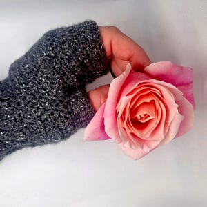 K&ouml;nnte beinhalten: Nahaufnahme eines grauen Fingerhandschuhs mit silbernen Sprenkeln, der eine rosa Rose h&auml;lt. Die Rose hat einen Farbverlauf von Rosat&ouml;nen, mit einem dunkleren Zentrum und helleren &auml;u&szlig;eren Bl&uuml;tenbl&auml;ttern. Der Hintergrund ist weiss.