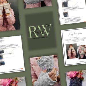 K&ouml;nnte beinhalten: Eine Sammlung von Bildern, die handgefertigte fingerlose Handschuhe und H&auml;kelmuster zeigen. Die Handschuhe sind in verschiedenen Grau- und Beiget&ouml;nen gehalten. Die Muster befinden sich auf wei&szlig;em Papier mit Text und Diagrammen. Das Logo "Rowdy Winks Crochet Creations" ist ebenfalls sichtbar.