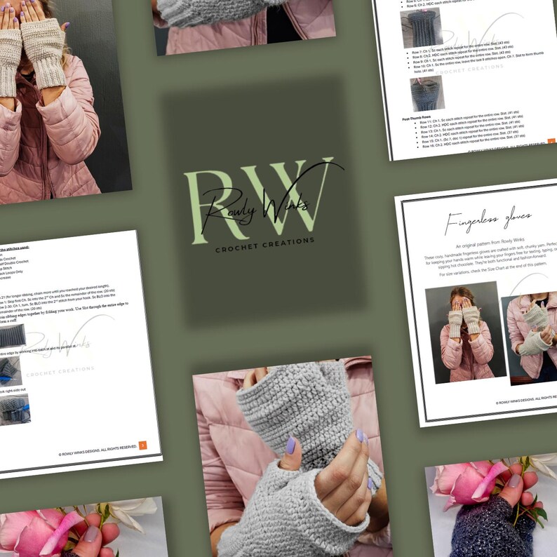K&ouml;nnte beinhalten: Eine Sammlung von Bildern, die handgefertigte fingerlose Handschuhe und H&auml;kelmuster zeigen. Die Handschuhe sind in verschiedenen Grau- und Beiget&ouml;nen gehalten. Die Muster befinden sich auf wei&szlig;em Papier mit Text und Diagrammen. Das Logo "Rowdy Winks Crochet Creations" ist ebenfalls sichtbar.