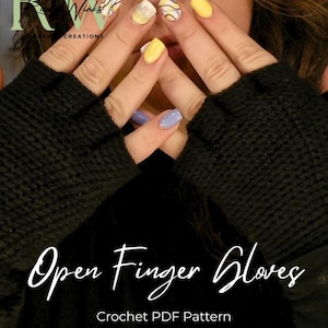 May include: Black knit fingerless gloves featuring a textured fabric construction. The image includes the text RW Winks Crochet Creations and Open Finger Gloves Crochet PDF Pattern in white and light green lettering against a dark background.