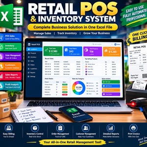 May include: A digital retail POS and inventory system displayed on a laptop screen, featuring a dashboard with sales data, stock status, and charts. The setup includes a printed receipt, a barcode scanner, and a notebook on a wooden desk surface.