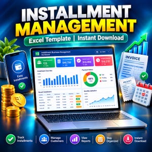 Peut inclure: Un modèle Excel de gestion des versements affichant un tableau de bord professionnel avec des graphiques sur un ordinateur portable, un smartphone, des pièces d'or, une facture, un reçu et un calendrier sur un fond bleu lumineux.