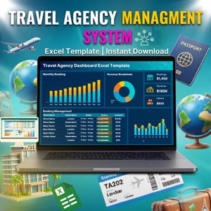 Travel Agency Mangement Excel Template | Tourism KPI Tracker | Booking Management Spreadsheet+Booking + Details + Packages + Monthly Summary