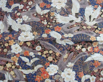 Blue Asian Crane Birds Floral // 2006 Kona Bay Fabrics FLIG-01 OOP // 100% Cotton Quilting Fabric // Price is for One Yard BTY