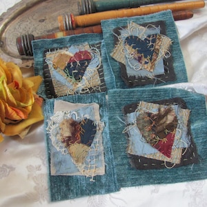Fabric Patch Blue Velour Silk Heart Unique Embellishment Jeans Jacket or Snippet for Journal Sew On - Your Choice *Free letter rate ship*