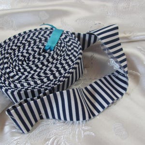 May include: A coiled roll of fabric trim featuring a navy blue and white striped pattern. The trim is secured with a small, bright turquoise ribbon tie. The fabric has a distinct woven texture with visible vertical stripes throughout the length.