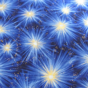 Puede incluir: Fondo abstracto azul y dorado con un patrón repetitivo de estrellas estilizadas. Las estrellas están hechas de líneas blancas que irradian desde un centro dorado.