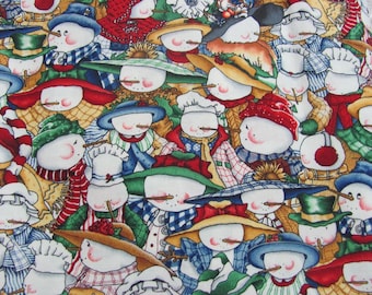 May include: A colorful fabric pattern featuring numerous snowmen. The snowmen are depicted with carrot noses, coal eyes, and various hats, scarves, and outfits. The background is a mix of colors, creating a festive and cheerful design.
