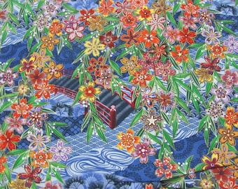 Japanese Garden // Blue Colorful Flowers &quot;Fabrics for Perfect Occasions&quot; England // 100% Cotton Quilting Fabric // Price is 3 yards total