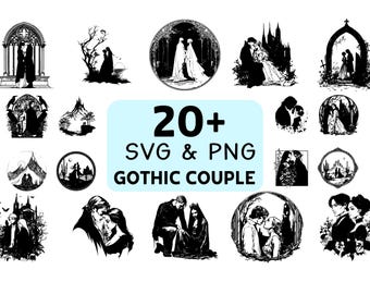Pacote de imagens SVG e PNG de casal gótico, silhueta de romance sombrio, vetor de casal de vampiros