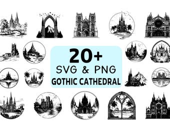 Pacote de arquivos SVG e PNG de catedral gótica, silhueta de catedral, arquivos de corte para Cricut