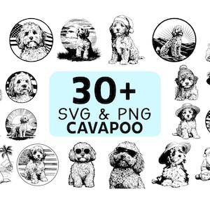 May include: A collection of over 30 SVG and PNG images featuring Cavapoo dogs in various poses and outfits. The black and white illustrations include dogs wearing hats, sunglasses, and Santa hats, and are set in circular frames.