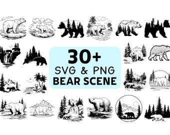 Bear Scene Silhouette SVG PNG Bundle, Forest Wildlife Clipart