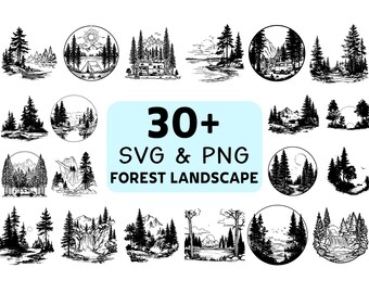 Forest Landscape Silhouette SVG PNG Bundle, Nature Scene Clipart Vector, Rustic Design Cut Files