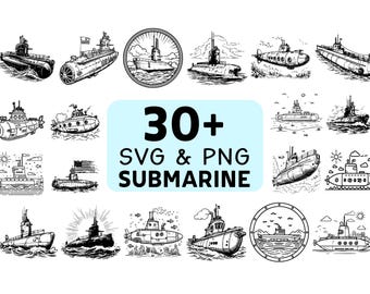 Submarine Silhouette SVG PNG Bundle, Navy Vessel Clipart, Nautical Cut Files, Ocean Vector, Decals