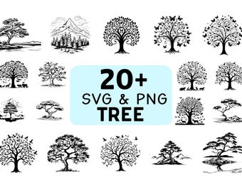 Pacote de Silhuetas de Árvores em SVG e PNG, Clipart de Natureza e Floresta, Arquivos de Corte para Cricut