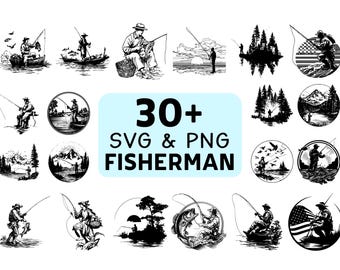 Fisherman Silhouette SVG PNG Bundle, Fishing Clipart Vector, Cricut Cut Files, Outdoor Sports Design