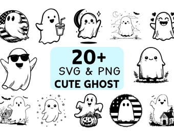 Cute Ghost SVG PNG Bundle, Kawaii Halloween Clipart, Cricut Cut Files