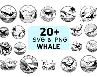 Pacote de imagens SVG e PNG de baleias, silhueta vetorial de baleia oceânica, ícone de logotipo da vida marinha