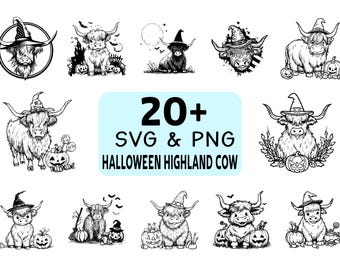 Halloween Highland Cow SVG PNG Bundle, Spooky Farm Cow Clipart