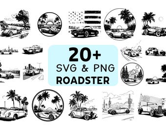 Pacote de imagens SVG e PNG de carros Roadster, clipart de conversíveis clássicos, silhueta de carro esportivo