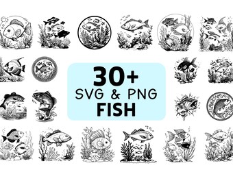Fish Silhouette SVG PNG Bundle, Ocean Animal Clipart, Fishing Cut Files, Marine Vector for Cricut