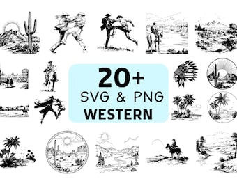 Pacote de imagens SVG e PNG do Oeste, Clipart de Cowboy do Oeste, Silhueta do Velho Oeste em Vetor