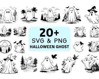 Halloween Ghost SVG PNG Bundle, Spooky Cute Ghost Clipart, Cricut Cut Files