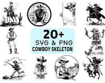 Cowboy Skeleton SVG PNG Bundle, Western Skull Clipart, Cricut Cut Files