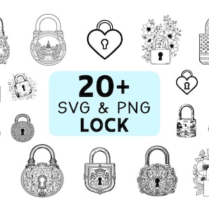 May include: A selection of black and white lock designs in SVG and PNG formats. The image features over twenty different locks, including heart-shaped, floral, and ornate styles, with the text "20+ SVG & PNG LOCK".