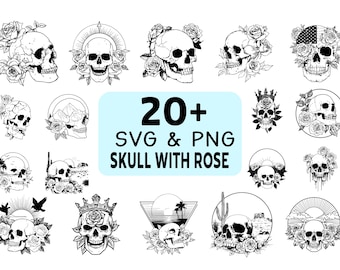 Skull with Rose SVG PNG Bundle, Gothic Floral Skull Clipart, Cricut Cut Files