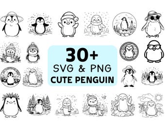 Cute Penguin Silhouette SVG PNG Bundle, Winter Animal Clipart, Christmas Cut Files, Arctic Vector