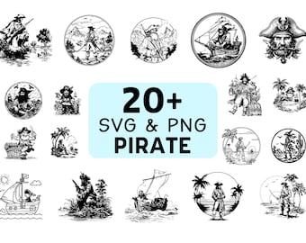 Pacote de SVG e PNG de Piratas, Clipart de Caveira e Ossos Cruzados, Silhueta de Navio Pirata