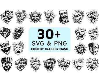 Comedy Tragedy Mask SVG PNG Bundle, Theatre Clipart