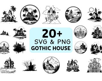 Pacote de imagens SVG e PNG de casas góticas, clipart de casas assombradas, vetor de mansão vitoriana
