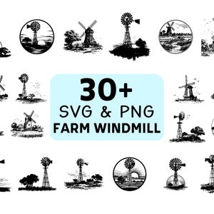 Puede incluir: Una colección de más de 30 ilustraciones en blanco y negro de molinos de viento de granja en varios entornos. Las imágenes incluyen molinos de viento con diferentes diseños y paisajes, con el texto "30+ SVG & PNG FARM WINDMILL".