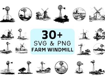 Farm Windmill Silhouette SVG PNG Bundle, Rustic Country Clipart, Barn Cut File, Vintage Farm Vector