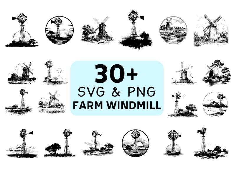 Farm Windmill Silhouette SVG PNG Bundle, Rustic Country Clipart, Barn ...