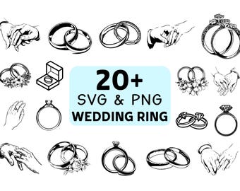 Pacote de imagens SVG e PNG de alianças de casamento, clipart de anéis de noivado, arquivos de corte para Cricut
