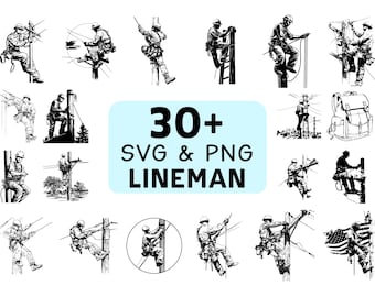 Lineman Silhouette SVG PNG Bundle, Electrician Clipart, Powerline Worker Cut Files, Utility Vector