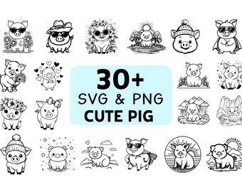 Cute Pig Silhouette SVG PNG Bundle, Farm Animal Clipart, Piglet Cut Files, Rustic Vector for Cricut