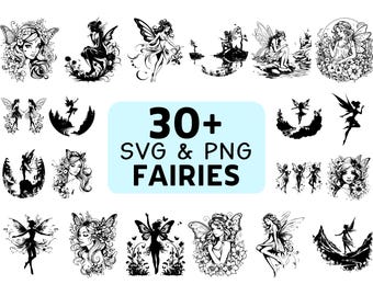 Fairies Silhouette SVG PNG Bundle, Magical Fantasy Clipart, Fairy Cut Files, Enchanted Vector